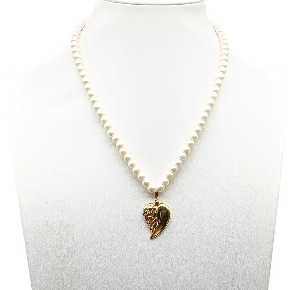 Vintage Faux Pearl Necklace with Gold-Tone Half Nugget Heart Pendant